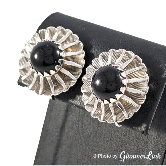 Vintage 60s Sarah Coventry Sunburst Black Cabochon Silver Tone Clip On Earrings - Picture 4 of 11